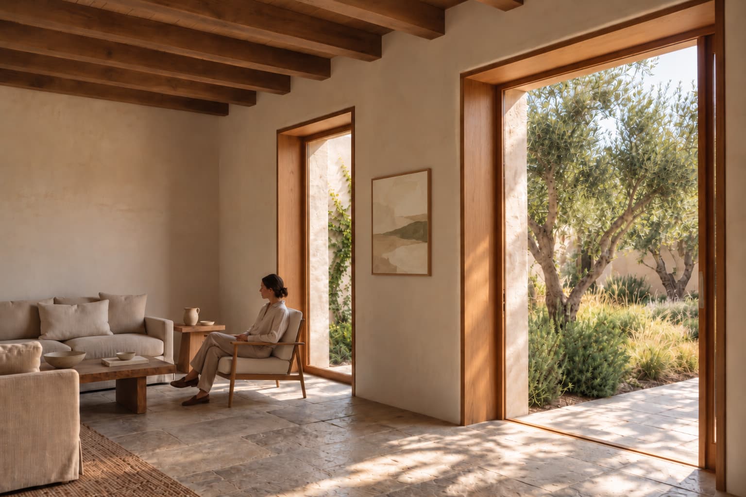 A guest reads in an oak chair in a quiet plastered room with a beamed ceiling. A tall opening beside the chair looks onto an olive garden.